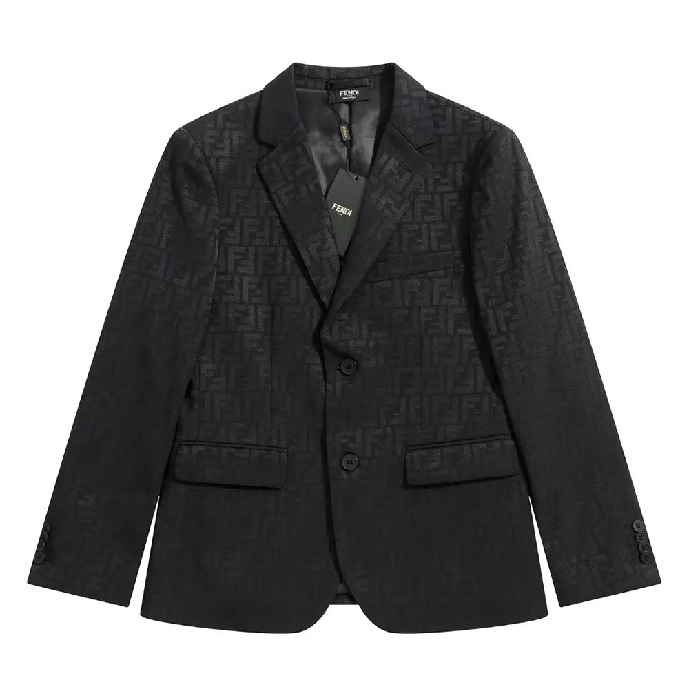 Close-up of button and Fendi logo hardware on black fabric blazer