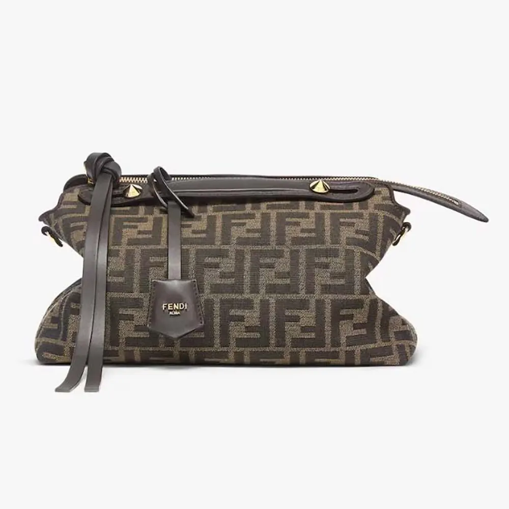 Front view of Fendi Unisex By The Way Soft Medium Brown FF Jacquard Fabric Bag