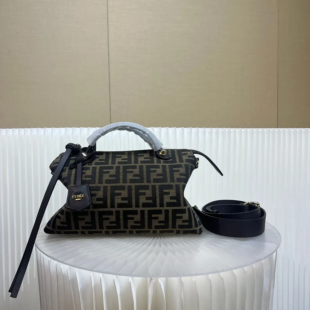 Close-up of gold-tone hardware on Fendi By The Way Soft Brown Jacquard Bag