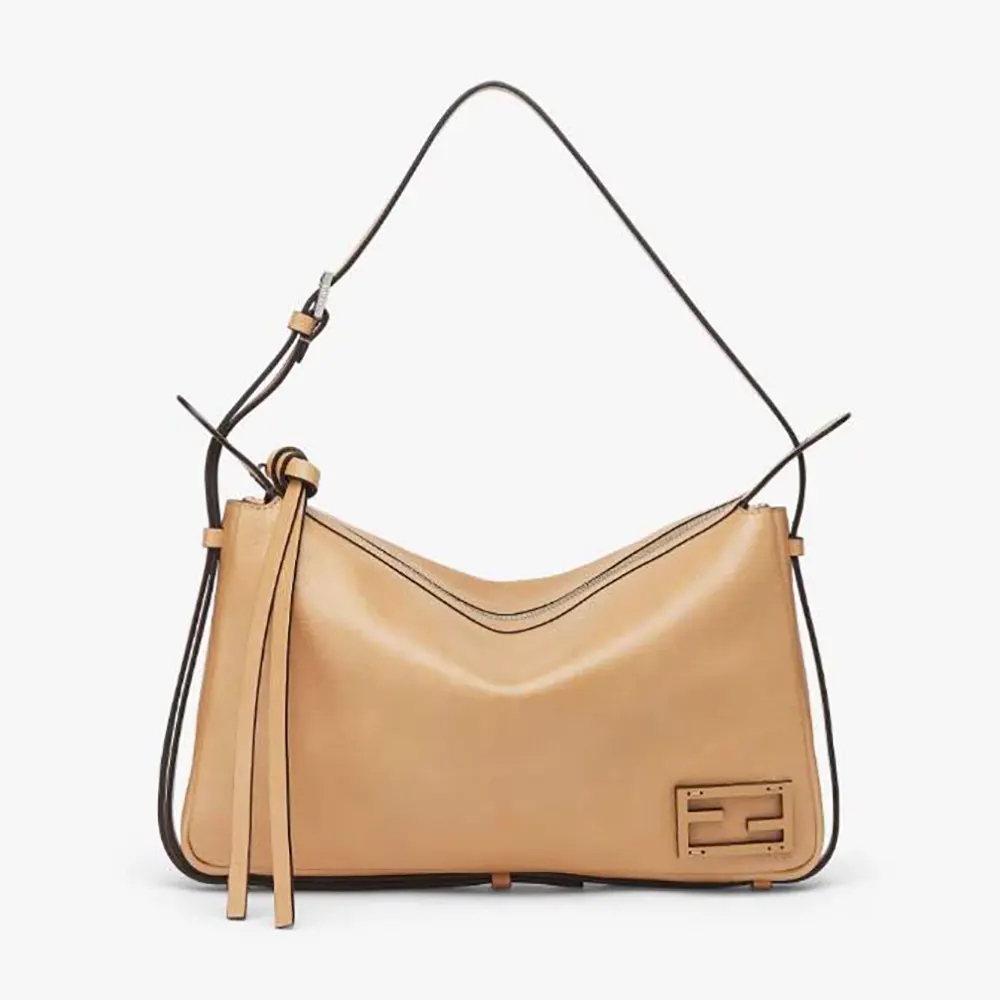 Front view of Fendi Unisex Simply Fendi Medium Beige Leather Bag