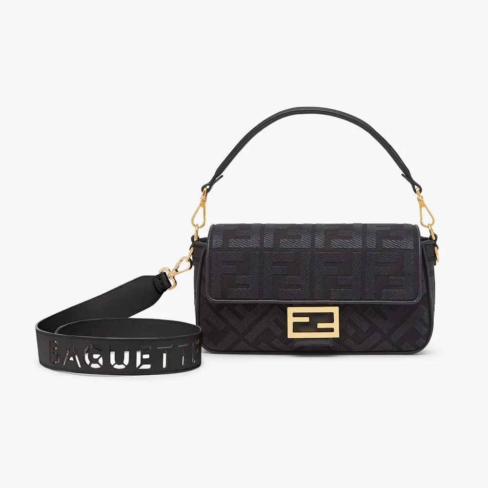 Front view of Fendi Women Baguette Black Denim Bag with FF embroidery
