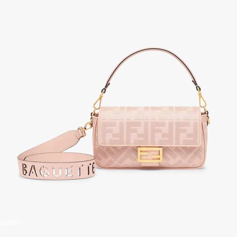 Front view of Fendi Women Baguette Light Pink Denim Bag with FF Embroidery