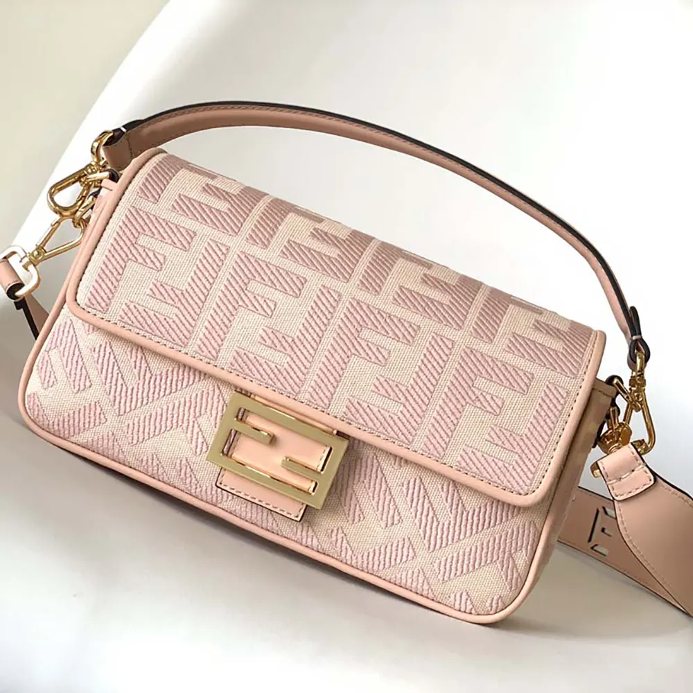 Close-up of FF embroidery detail on Fendi Women Baguette Light Pink Denim Bag