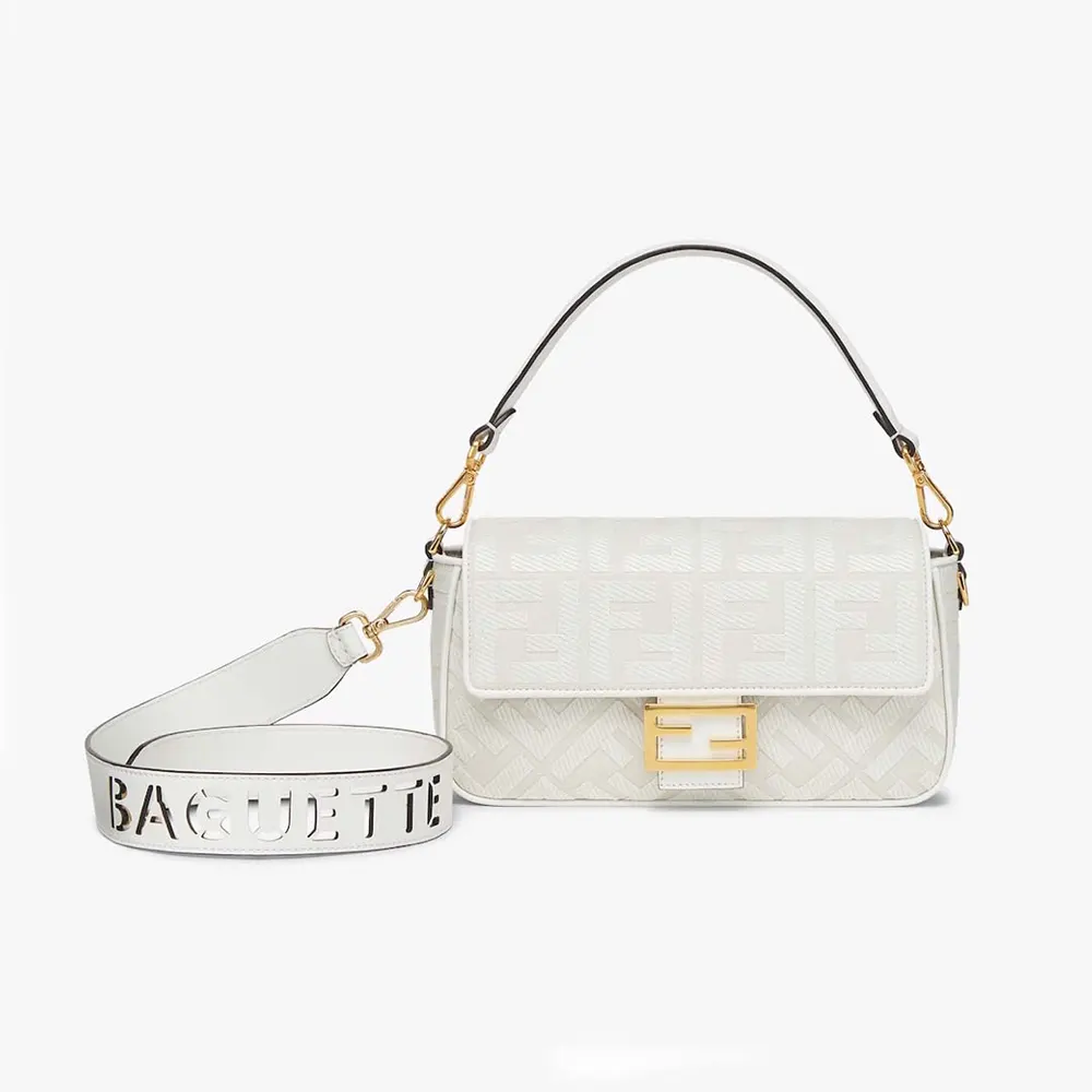 Front view of Fendi Women Baguette White Denim Bag with FF Embroidery