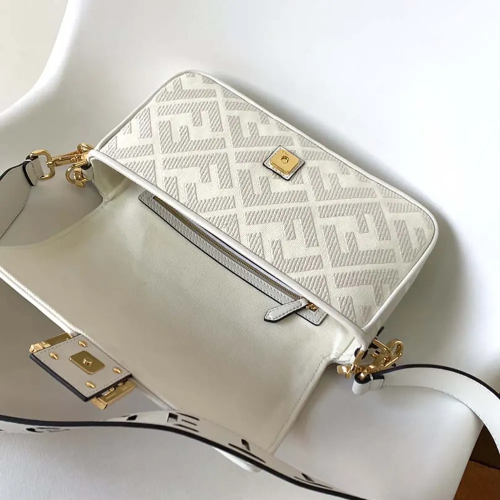 Fendi Women Baguette White Denim Bag with FF Embroidery - image 4