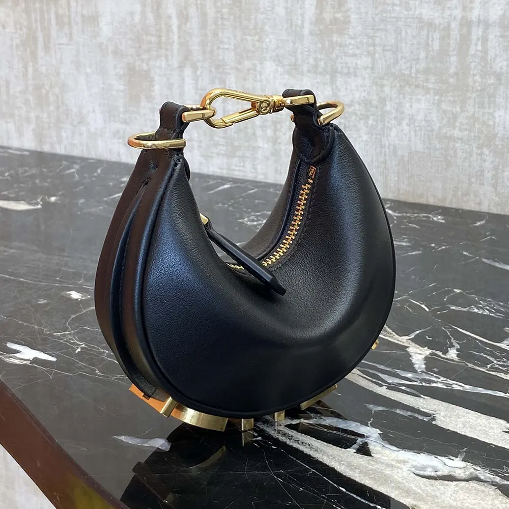 Close-up on gold Fendigraphy logo hardware on mini-bag