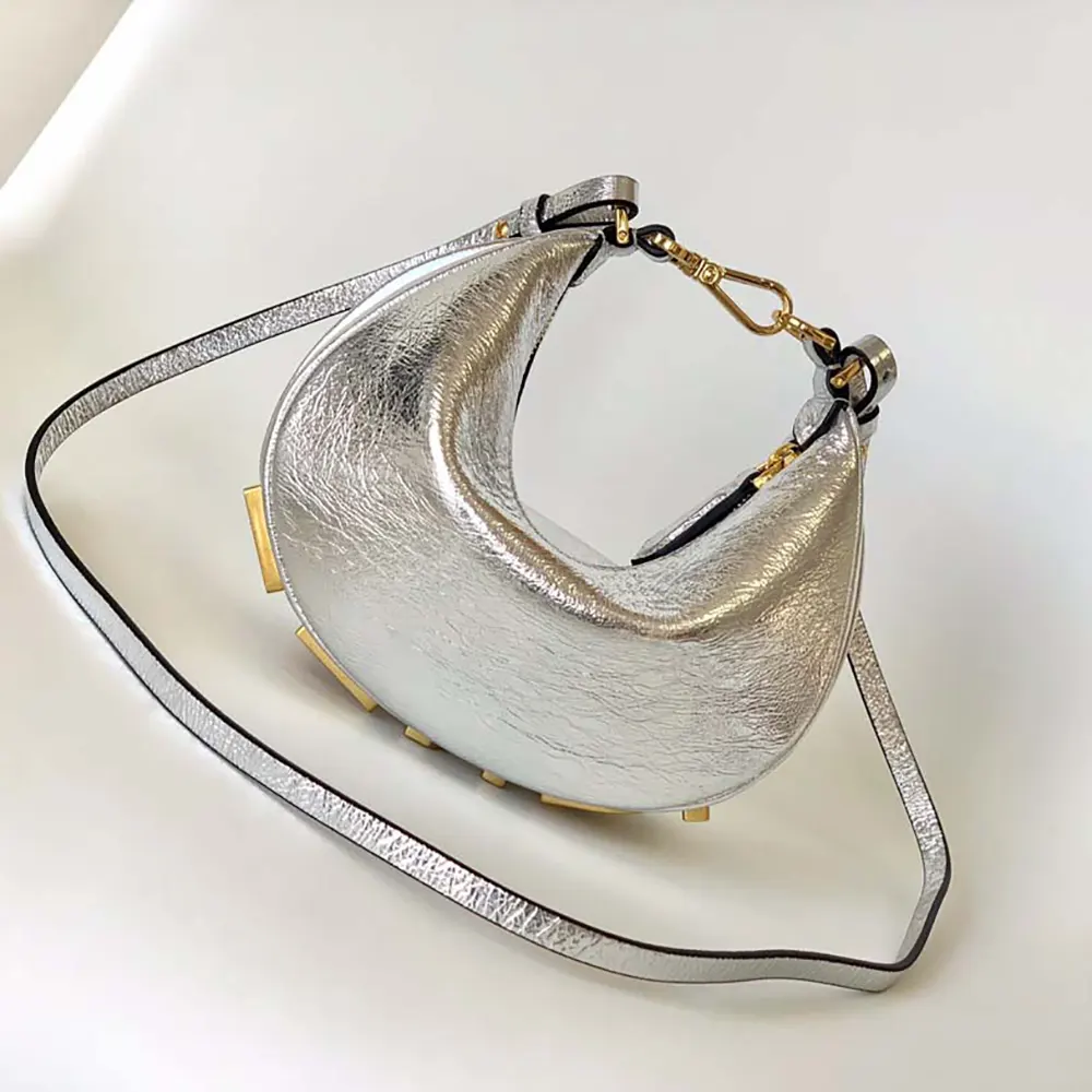 Close-up of silver leather texture and hardware on Fendi Women Fendigraphy Mini-bag
