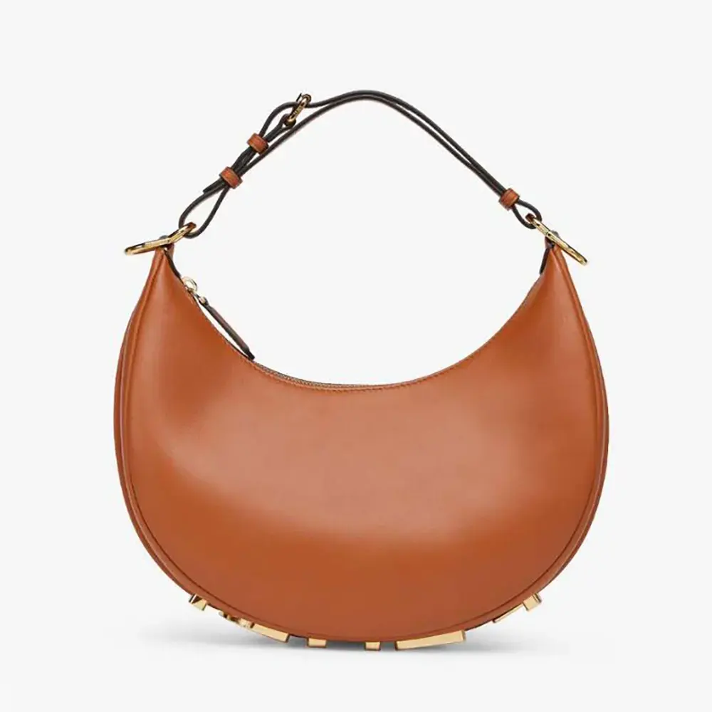 Front view of Fendi Women Fendigraphy Small Brown Leather Bag with embossed logo
