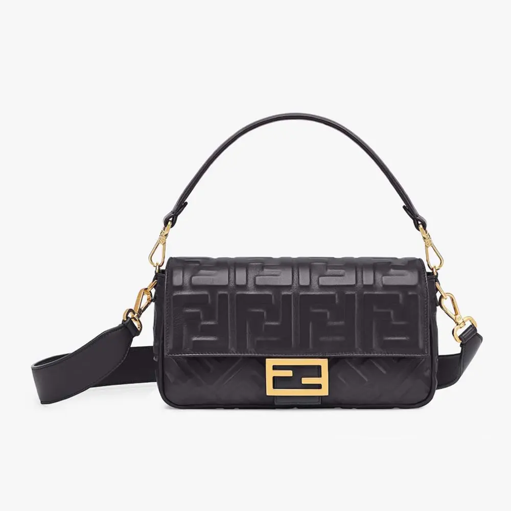 Front view of Fendi Women Medium Baguette Black Leather Bag showcasing clasp