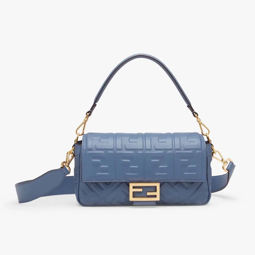 Front view of Fendi Women Medium Baguette Blue Leather Bag showcasing flap