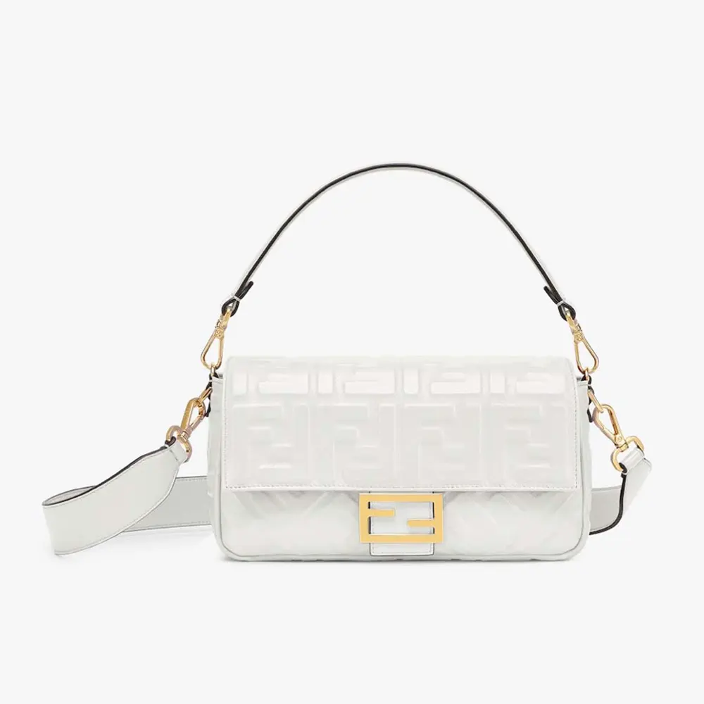 Front view of Fendi Women Medium Baguette White Leather Bag with gold hardware