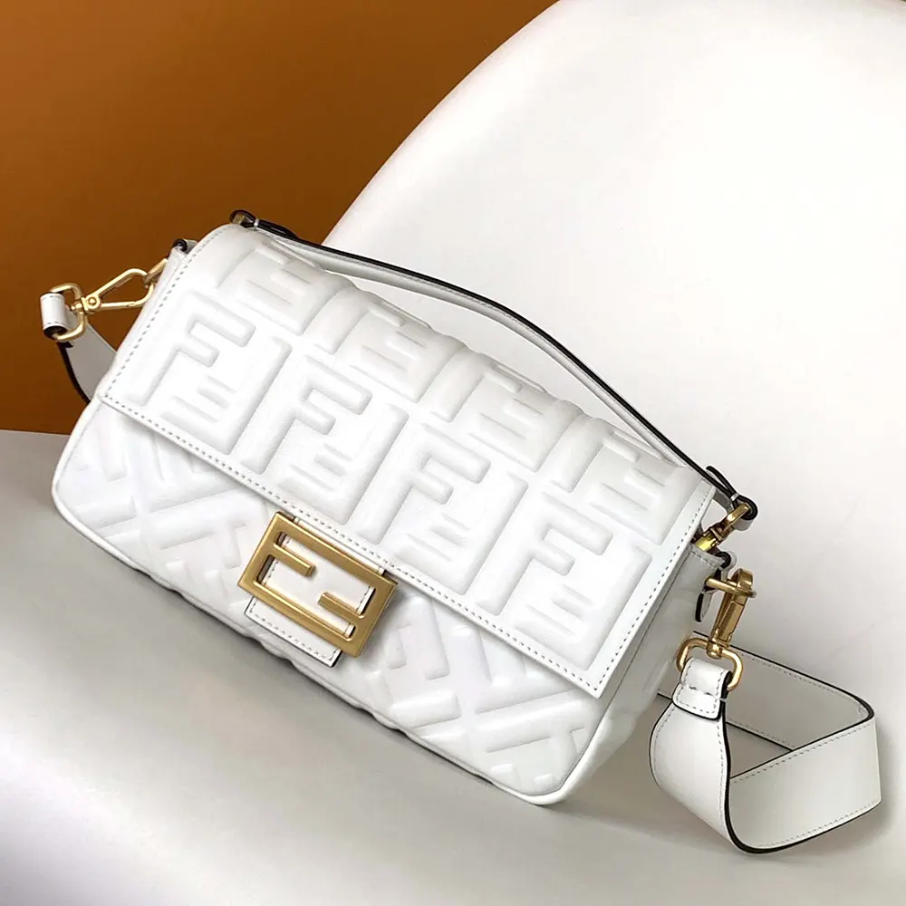 Close-up of smooth white leather and signature Fendi clasp detail