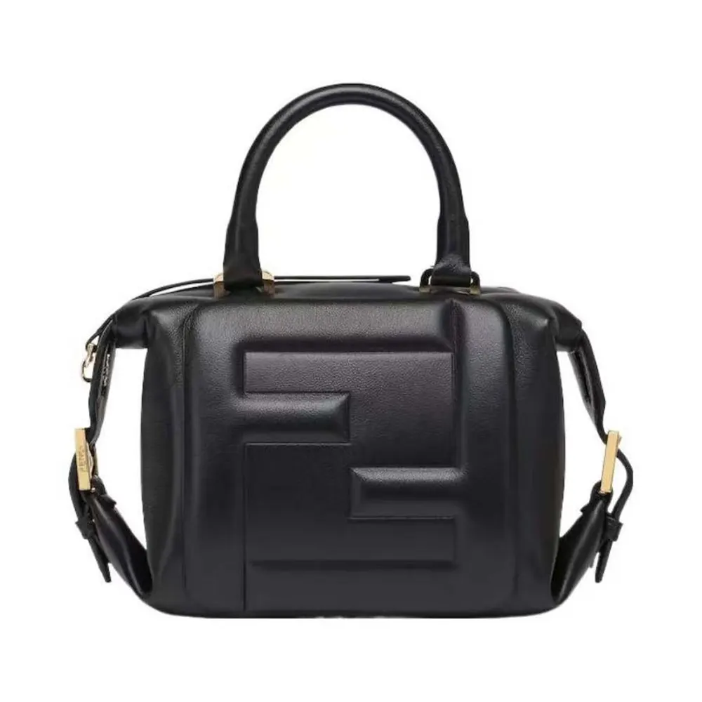 Front view of Fendi Women Nappa FF Mini Cube Bag-Black showing embossed logo
