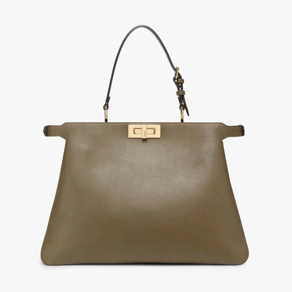 Front view of Fendi Women Peekaboo Soft Large Green Leather Bag showcasing flap design
