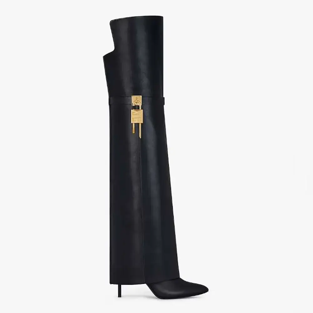 Side view of Givenchy Women Shark Lock Stiletto Over-the-knee Boots in Leather-Black