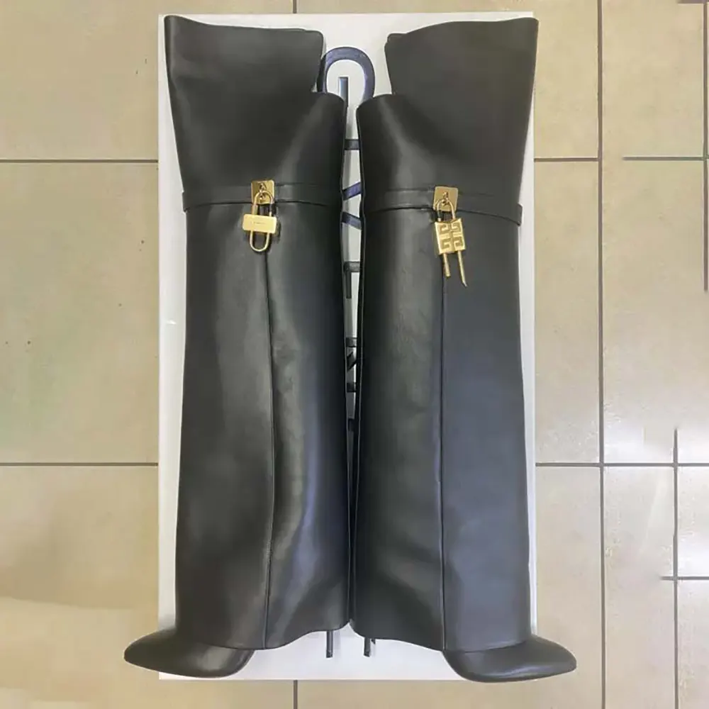 Close-up of Shark Lock hardware on Givenchy Women Shark Lock Stiletto Boots