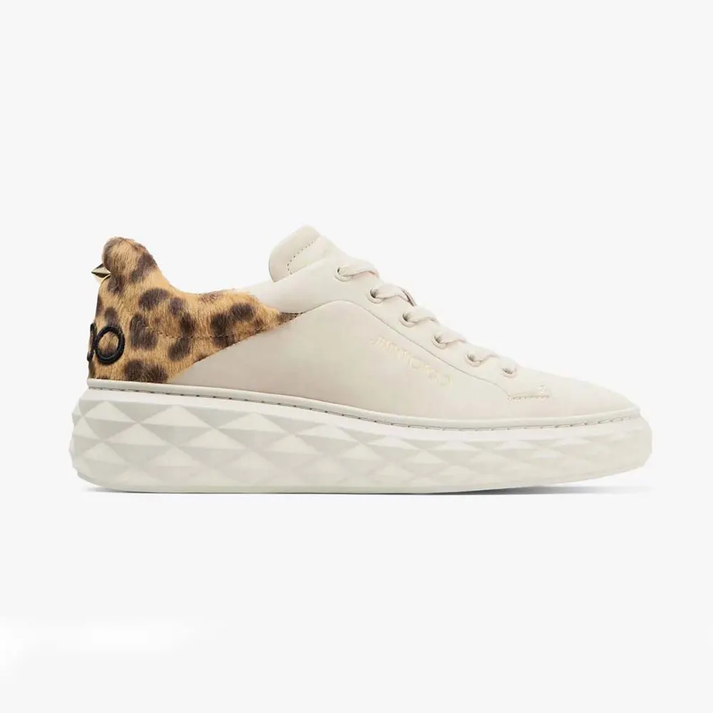 Side profile of Jimmy Choo Women Diamond Maxi/F II Chalk Leopard Print Leather Trainers