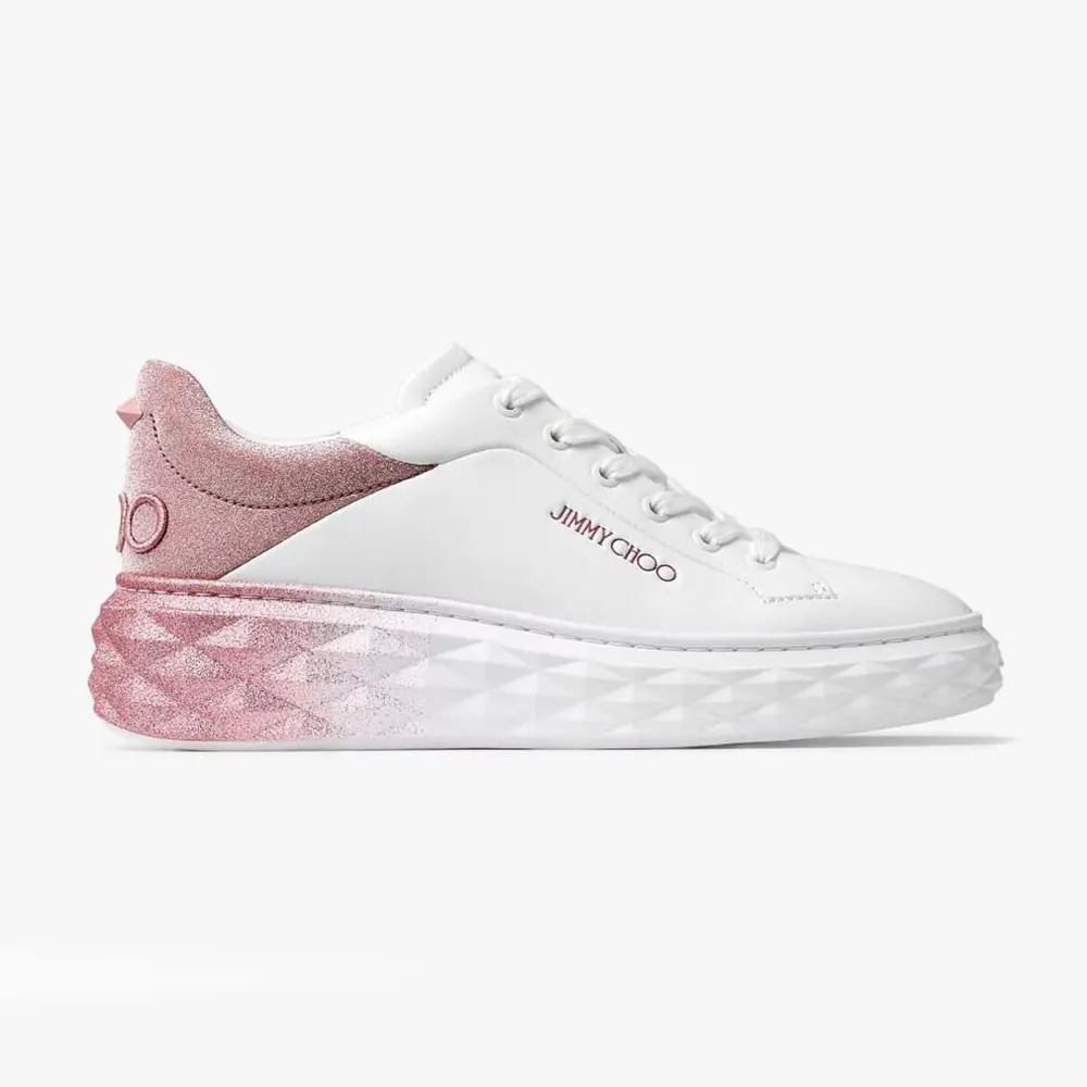 Side view of Jimmy Choo Women Diamond Maxi/F II White & Rose Nappa Leather Glitter Trainers
