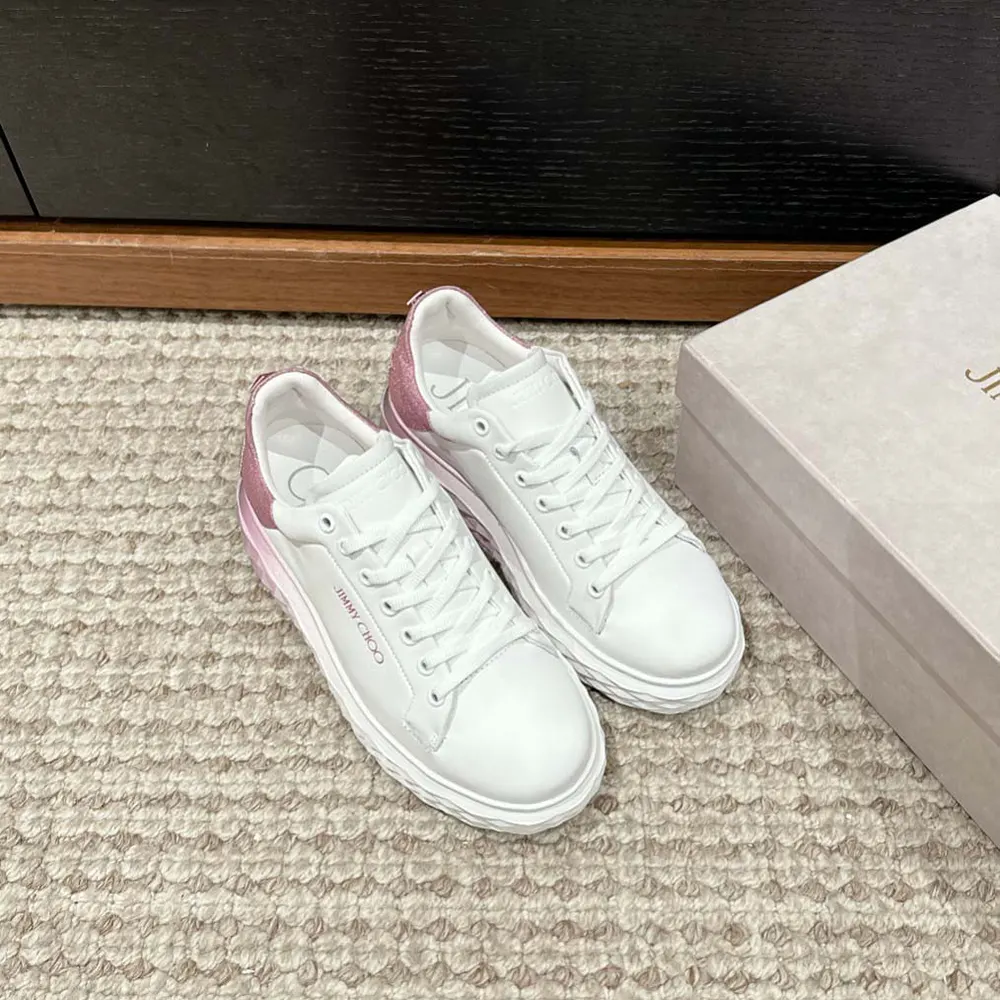 Top-down angle showing lace closure and pink leather of Jimmy Choo Diamond Maxi/F II trainers