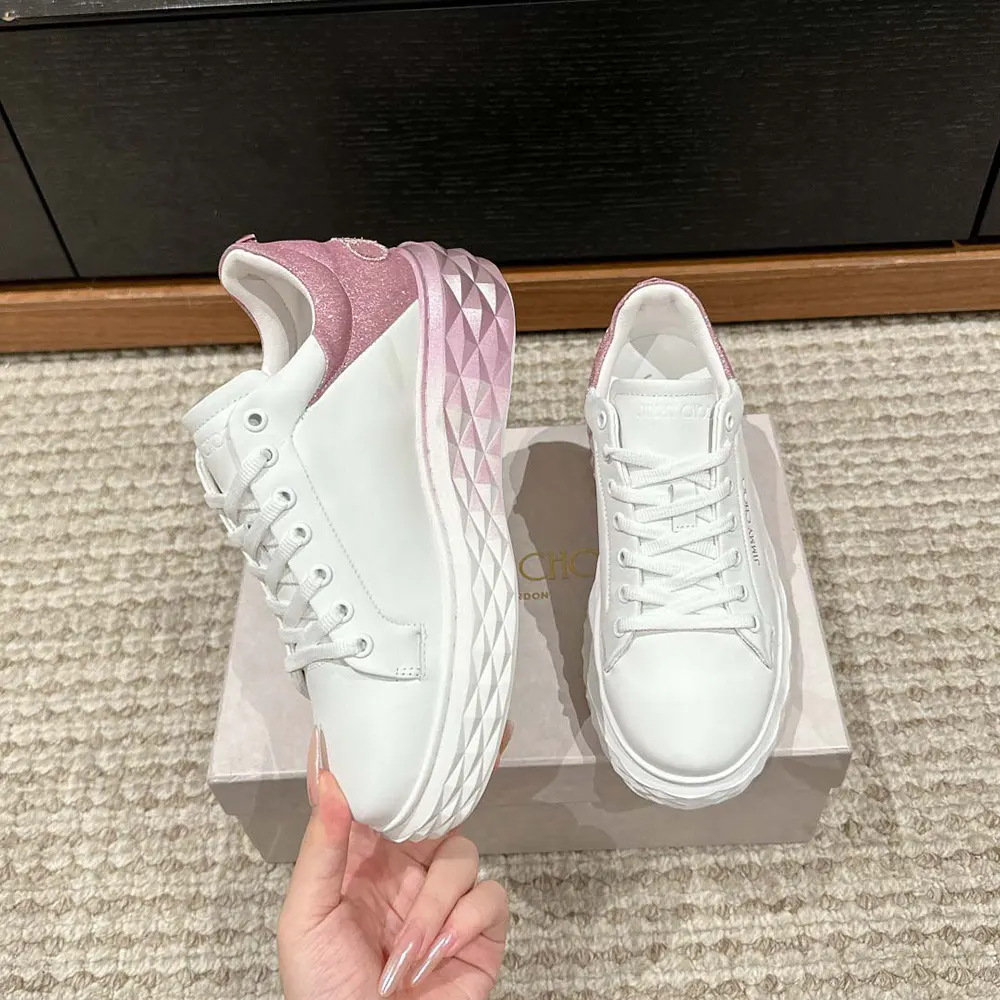 Jimmy Choo Women Diamond Maxi/F II White & Rose Nappa Leather Glitter Trainers - image 6