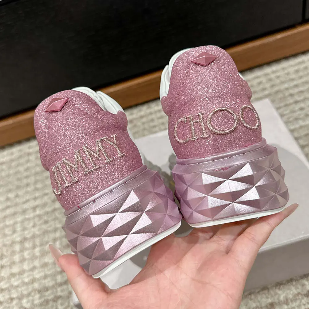 Jimmy Choo Women Diamond Maxi/F II White & Rose Nappa Leather Glitter Trainers - image 9