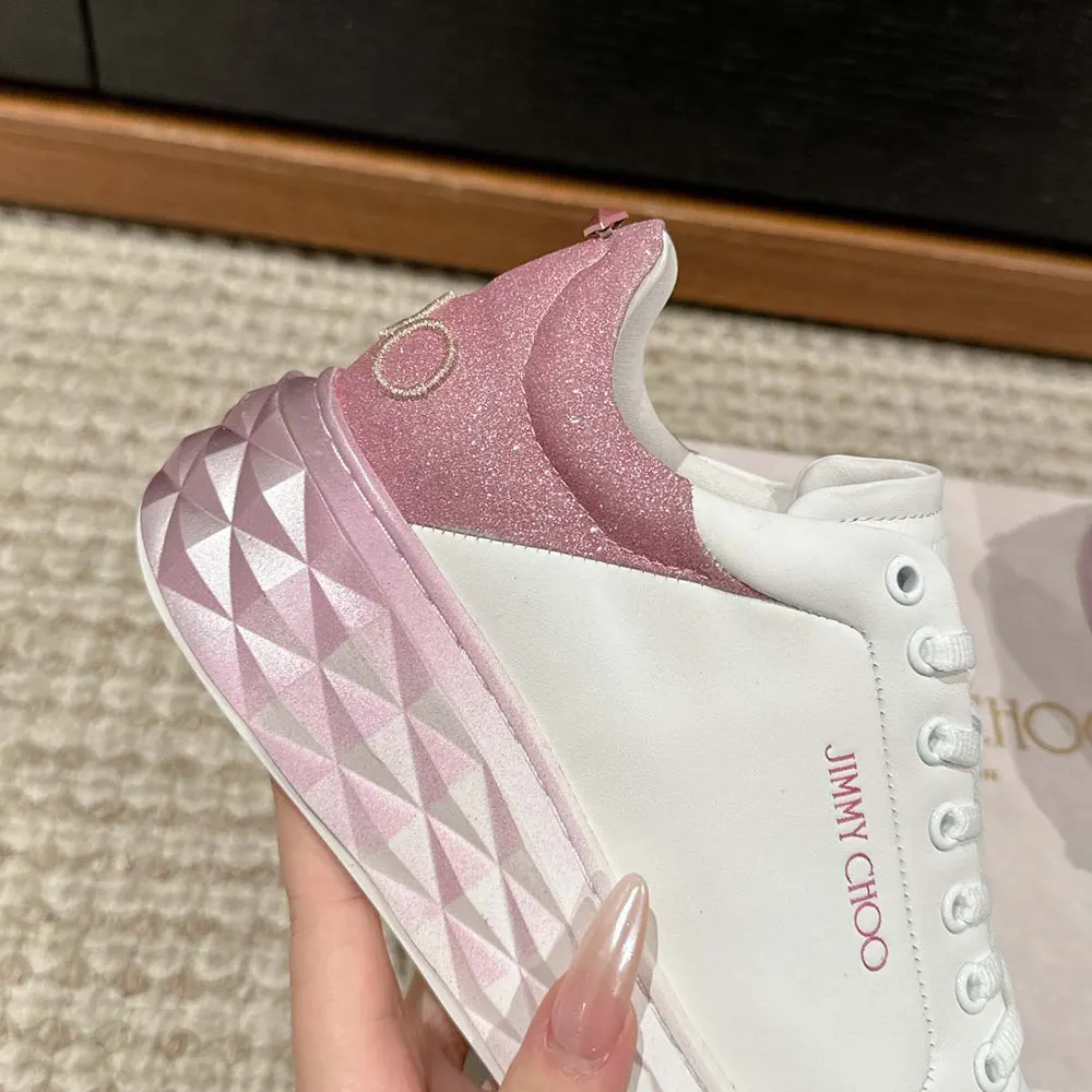 Jimmy Choo Women Diamond Maxi/F II White & Rose Nappa Leather Glitter Trainers - image 8