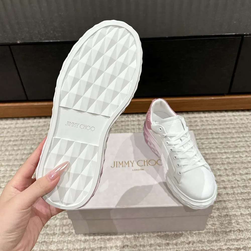 Jimmy Choo Women Diamond Maxi/F II White & Rose Nappa Leather Glitter Trainers - image 10