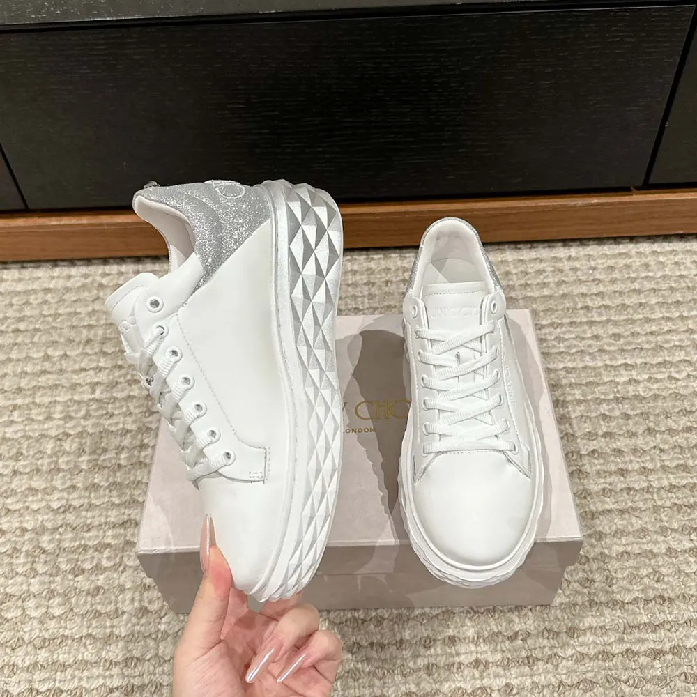 Jimmy Choo Women Diamond Maxi/F II White & Silver Nappa Leather Glitter Trainers - image 6
