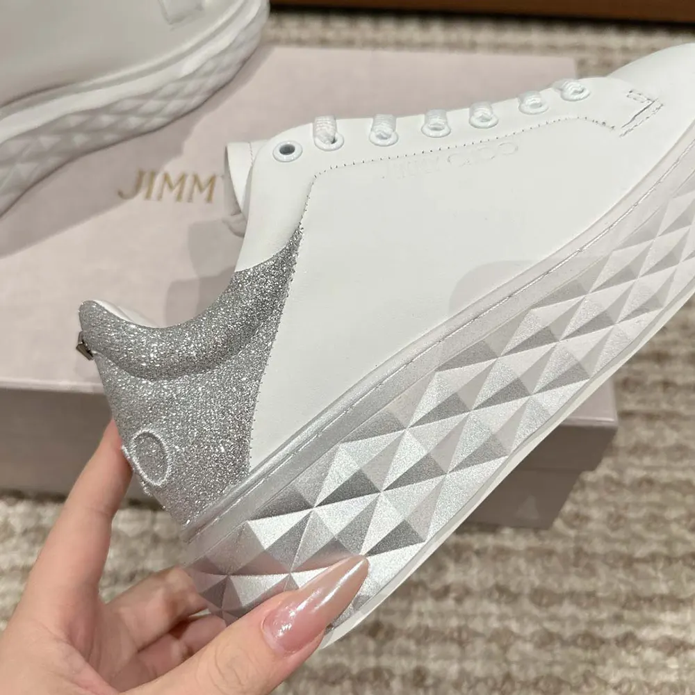 Jimmy Choo Women Diamond Maxi/F II White & Silver Nappa Leather Glitter Trainers - image 9