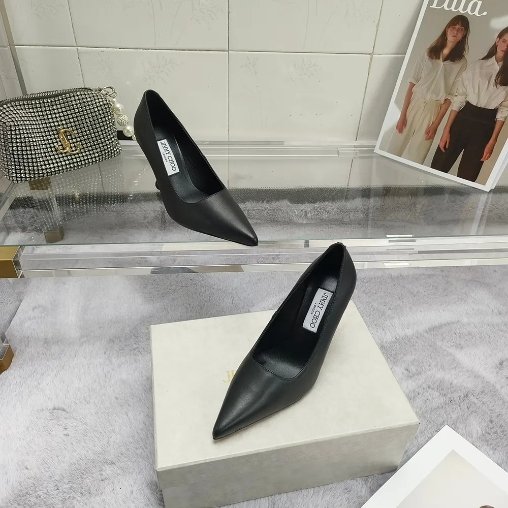 Front angle showing pointed toe of Jimmy Choo Ixia 80 Black pumps