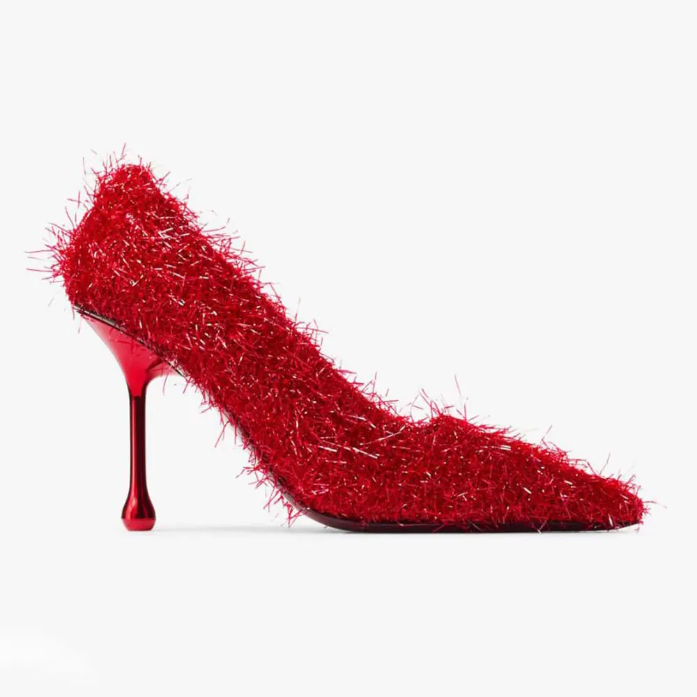 Front angle of Jimmy Choo Women Ixia 95 Ruby Red Tinsel Pumps