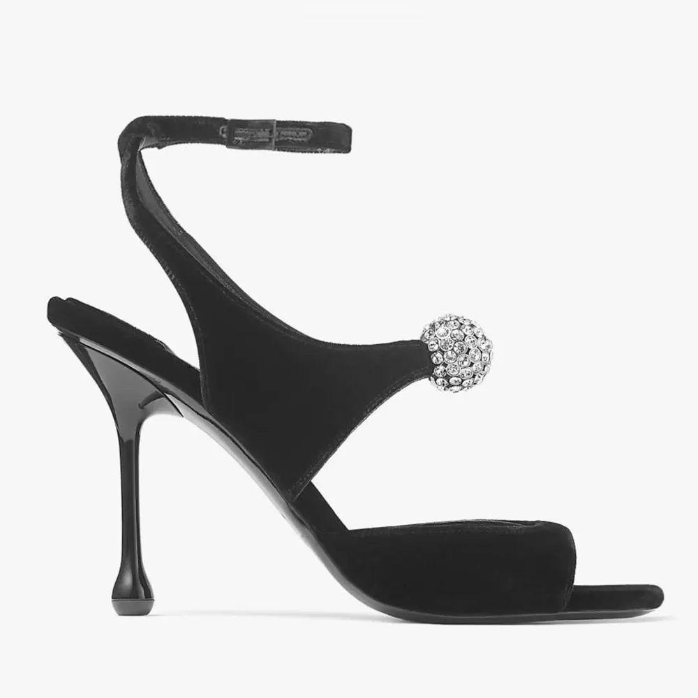 Side view of Jimmy Choo Women Orb 95 Black Velvet Sandals highlighting heel