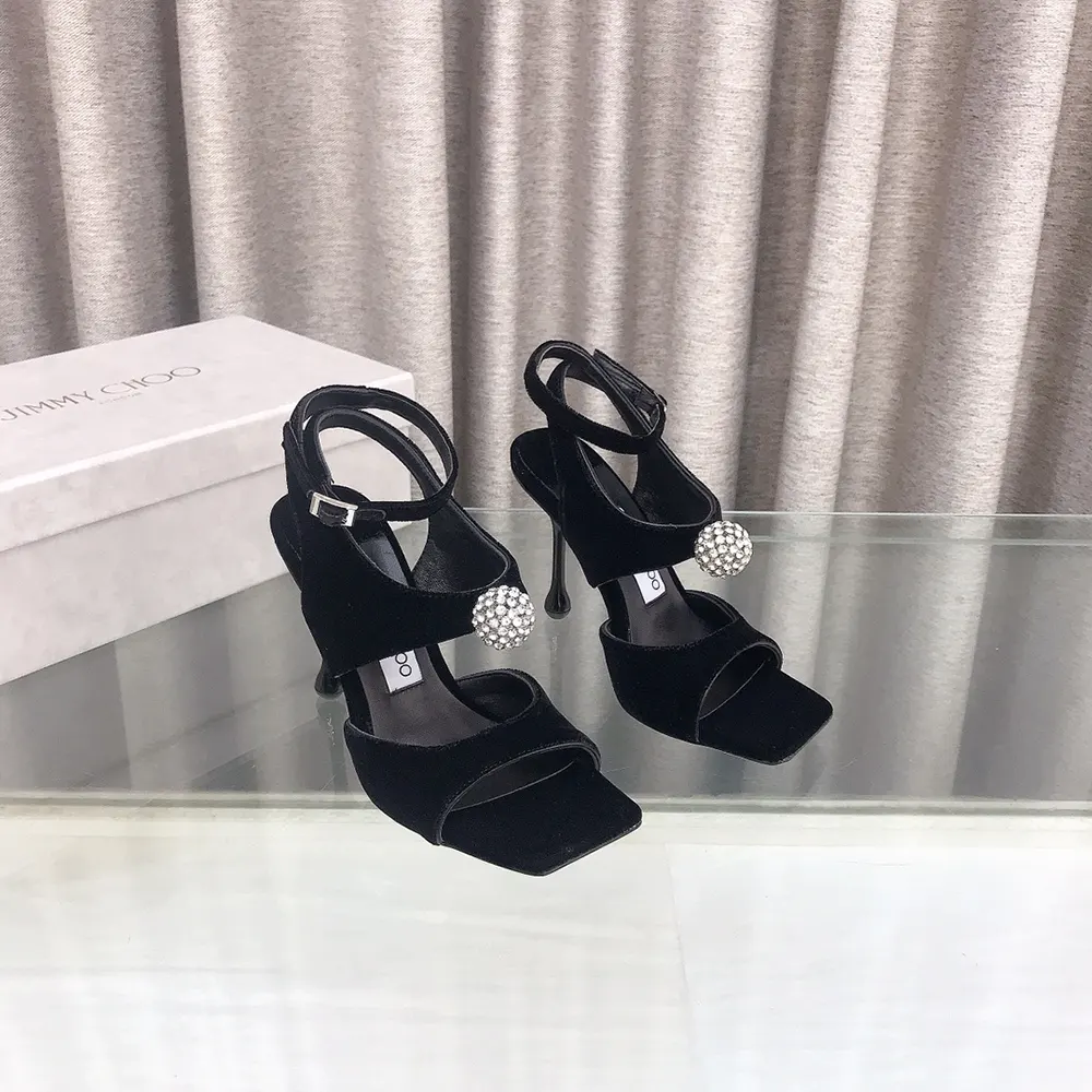 Close-up of crystal-embellished heel on Jimmy Choo Women Orb 95 Sandals