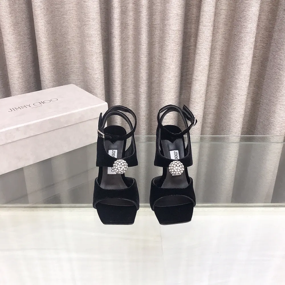 Top angle showing buckle and velvet texture of Jimmy Choo Women Orb 95 Sandals