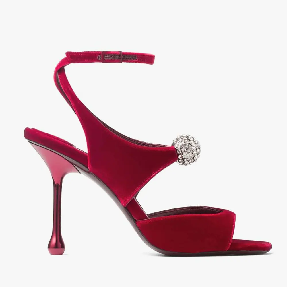 Side view of Jimmy Choo Women Orb 95 Ruby Red Velvet Sandals