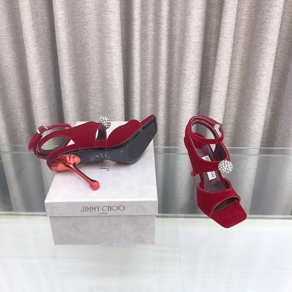 Jimmy Choo Women Orb 95 Ruby Red Velvet Sandals - image 9