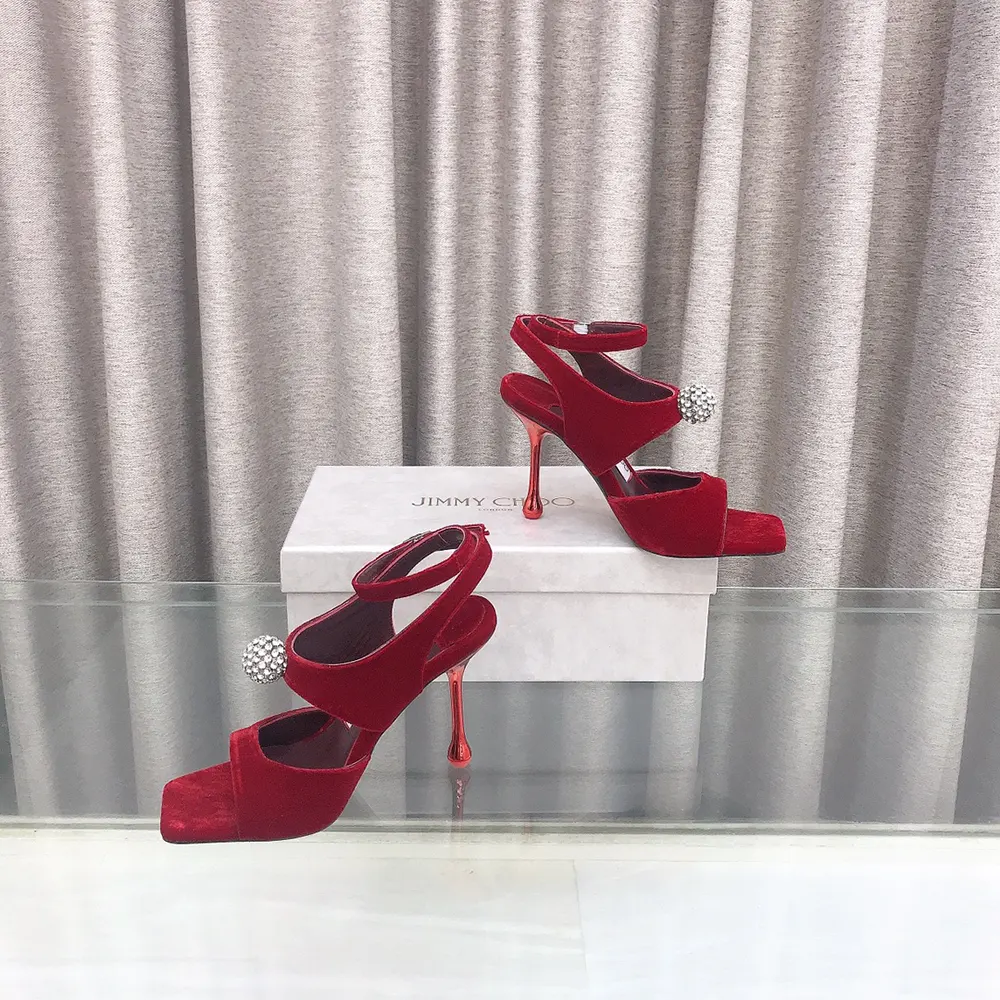 Jimmy Choo Women Orb 95 Ruby Red Velvet Sandals - image 4