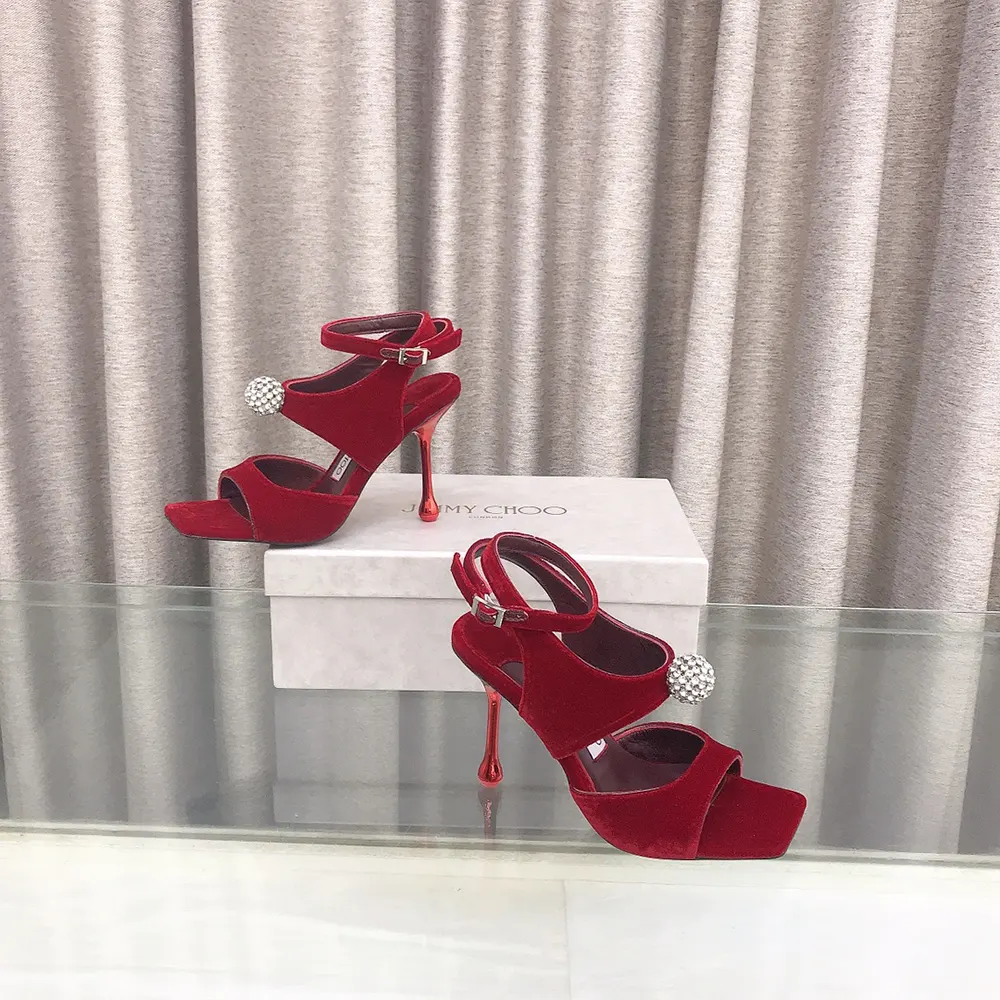 Jimmy Choo Women Orb 95 Ruby Red Velvet Sandals - image 5