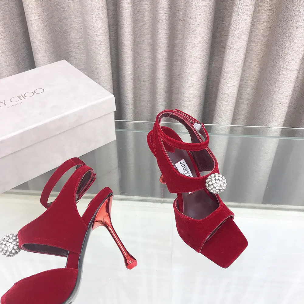 Jimmy Choo Women Orb 95 Ruby Red Velvet Sandals - image 8