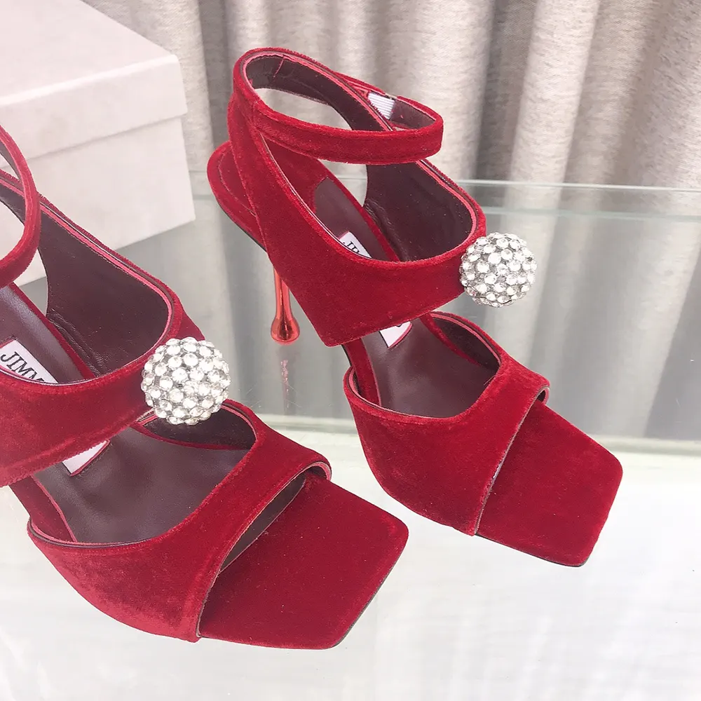 Jimmy Choo Women Orb 95 Ruby Red Velvet Sandals - image 10