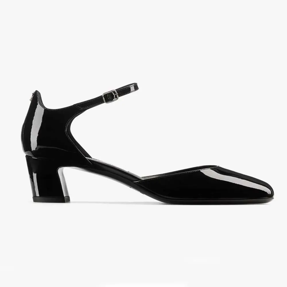 Side view of Jimmy Choo Women Pixie Block Heel 45 Black Patent Leather Pumps