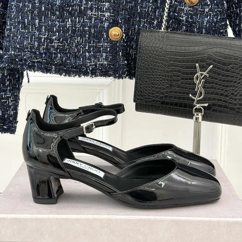 Jimmy Choo Women Pixie Block Heel 45 Black Patent Leather Pumps - image 5