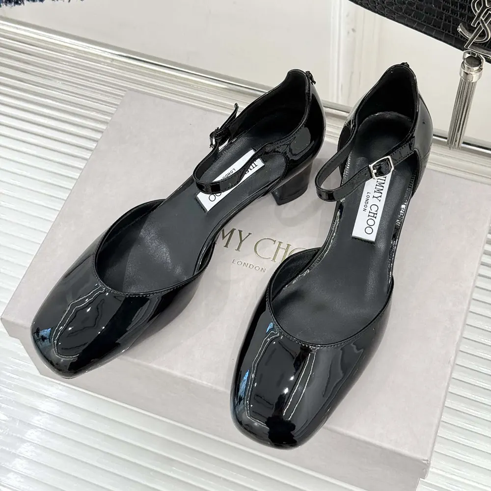 Rear angle showing heel height of Jimmy Choo Women Pixie Block Heel 45