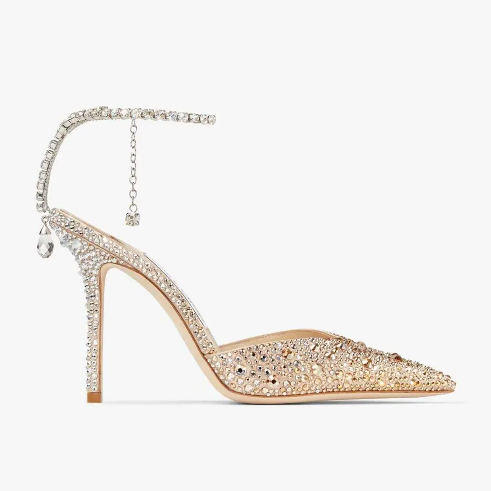 Side view of Jimmy Choo Women Saeda 100 Gold Satin Pumps with Crystals