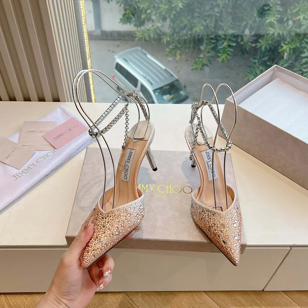 Jimmy Choo Women Saeda 100 Gold Satin Pumps with Crystals - image 5