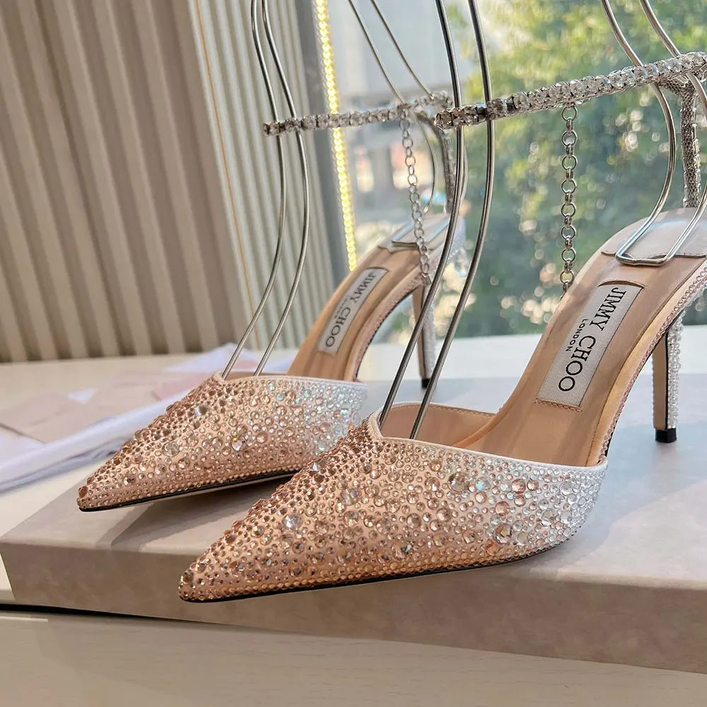 Jimmy Choo Women Saeda 100 Gold Satin Pumps with Crystals - image 9