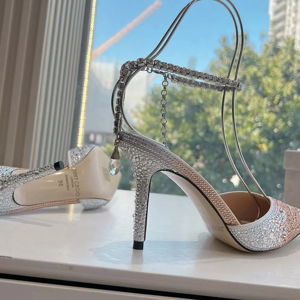 Jimmy Choo Women Saeda 100 Gold Satin Pumps with Crystals - image 8