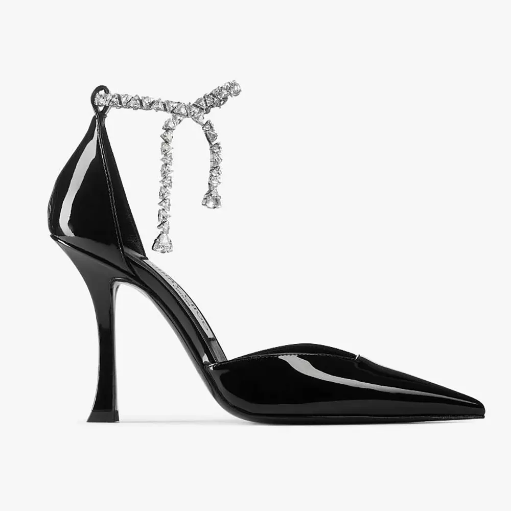 Side view of Jimmy Choo Women Stevie 100 Black Patent Leather Pumps showing heel height