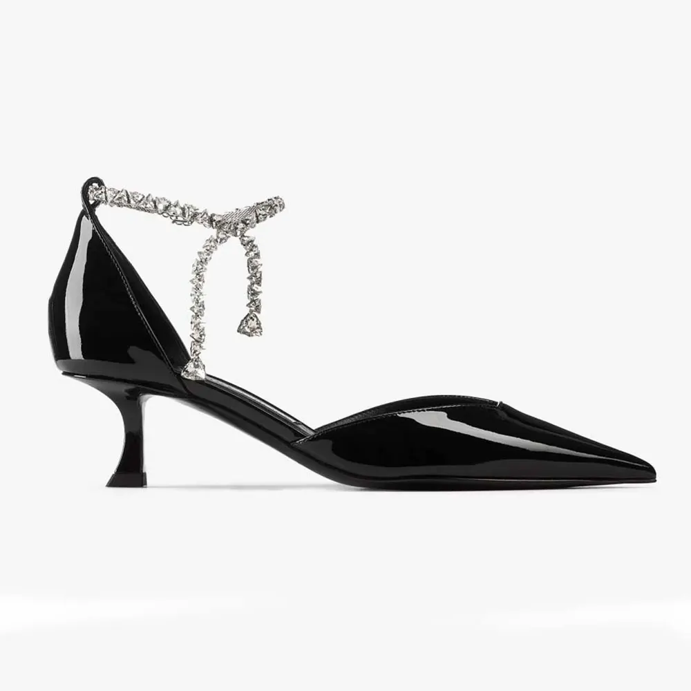 Side view of Jimmy Choo Women Stevie 50 Black Patent Leather Pumps