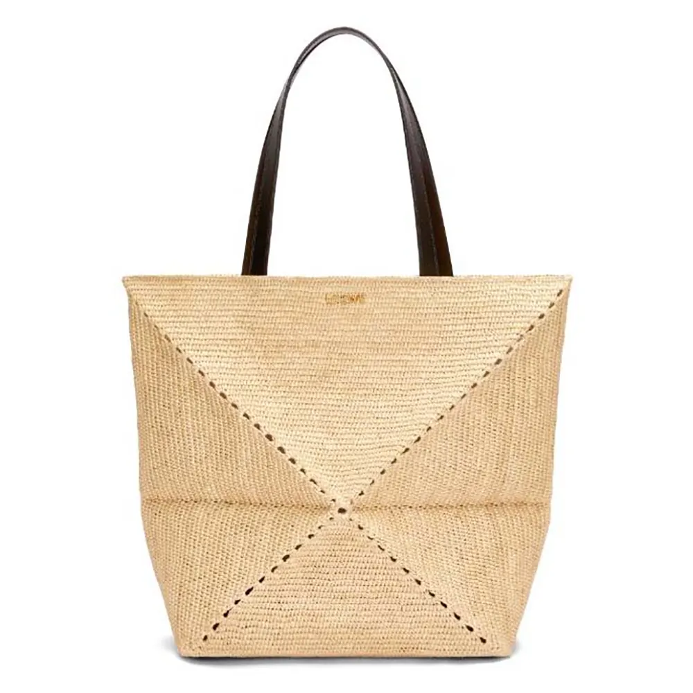 Front view of Loewe Women XL Puzzle Fold Tote in Raffia natural color